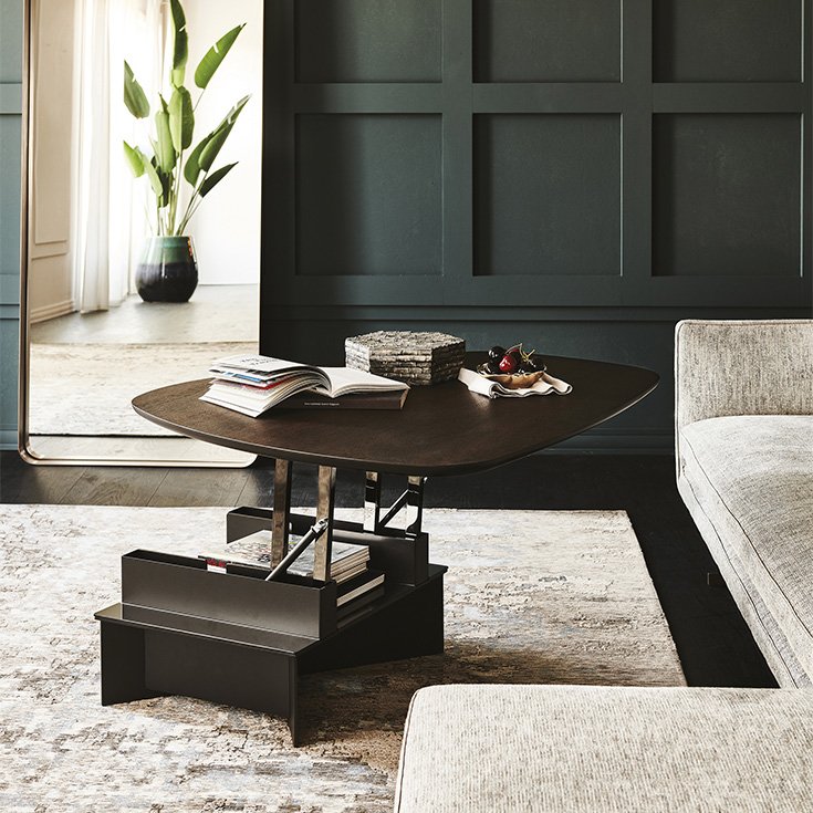 Table basse design haut de gamme Orlando par Cattelan Italia, table transformable à deux hauteurs, structure acier et plateaux mixte, disponible chez D-Style Interior.