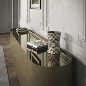 Buffet design haut de gamme Savoy par Cattelan Italia, plateau céramique Marmi avec structure acier laqué bronze, disponible chez D-Style Interior