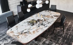 Skorpio Keramik Premium de Cattelan Italia marie acier sculptural et céramique raffinée pour une table au design italien d’exception. Disponible chez D-Style Interior.