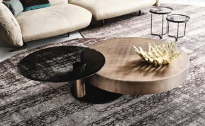 Table basse design haut de gamme Arena par Cattelan Italia, finition brossée main avec plateaux verre pivotants, disponible chez D-Style Interior.