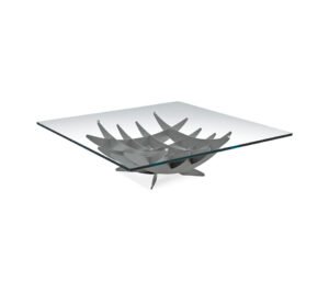 Table basse design haut de gamme Atlas par Cattelan Italia, plateau verre avec base acier méridiens, disponible chez D-Style Interior.