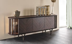Buffet design haut de gamme Costes par Cattelan Italia, côtés verre incurvé avec inserts bronze et portes à lamelles, disponible chez D-Style Interior