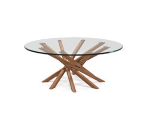 Table basse design haut de gamme Atari par Cattelan Italia, plateau verre avec base spirale bois style Mikado, disponible chez D-Style Interior.