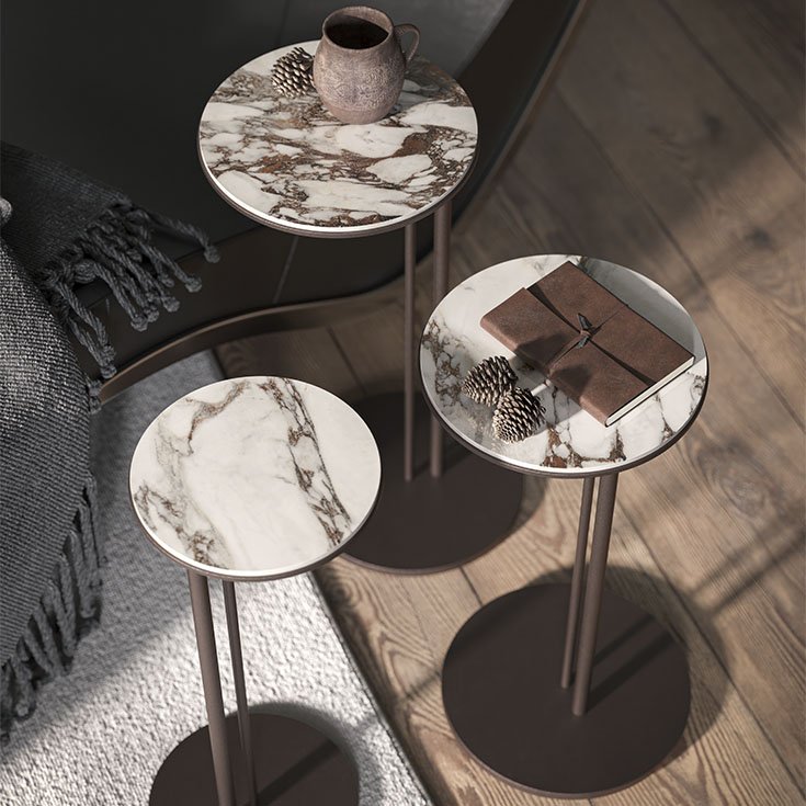 Table basse design haut de gamme Sting Cattelan Italia, plateau céramique Marmi sur base acier embouti, disponible chez D-Style Interior.