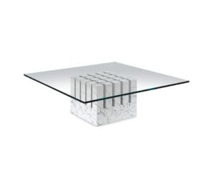 Table basse design haut de gamme Scacco par Cattelan Italia, socle marbre Carrare et plateau verre transparent, disponible chez D-Style Interior.