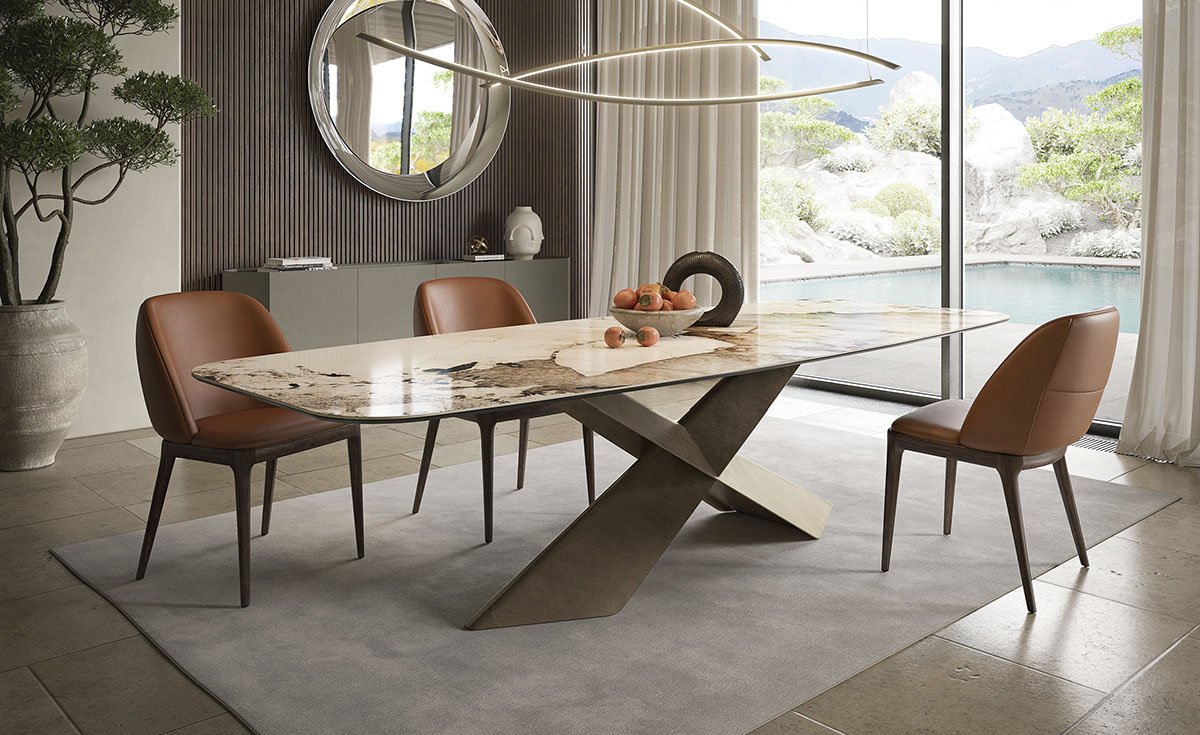 Tyron Keramik table design haut de gamme par Cattelan Italia avec base en acier embossé et plateau en céramique Marmi. Disponible chez D-Style Interior.