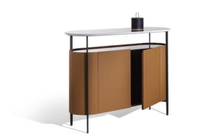 Bibliothèque design haut de gamme Oceano par Poltrona Frau, malle-bibliothèque en cuir Pelle Frau® avec bureau rabattable, disponible chez D-Style Interior