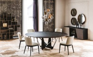 Skorpio Ker-Wood Round table de Cattelan Italia, alliance parfaite entre bois, céramique et acier. Élégance et savoir-faire italien. Disponible chez D-Style Interior.
