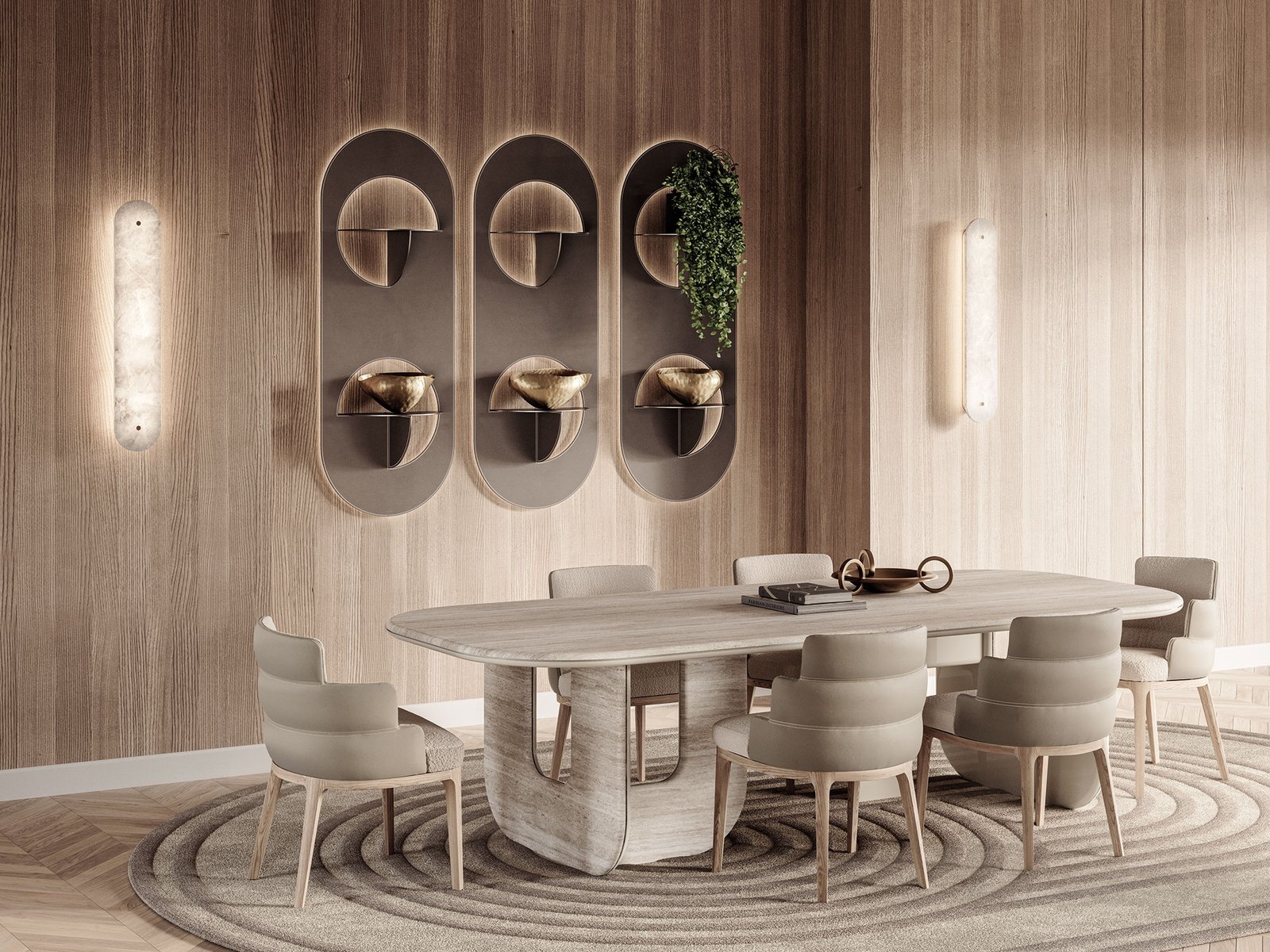Bibliothèque murale Chloé de Vittoria Frigerio — une pièce sculpturale en cuir et métal qui allie lumière, forme et élégance italienne. Disponible chez D-Style Interior.
