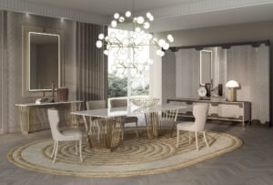 Alfieri table design haut de gamme par Vittoria Frigerio avec plateau en marbre biseauté et piétement métallique graphique. Disponible chez D-Style Interior.