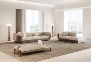 Necchi canapé design haut de gamme par Vittoria Frigerio, une pièce modulaire au style architectural et raffiné, associant cuir, confort et élégance contemporaine. Disponible chez D-Style Interior.