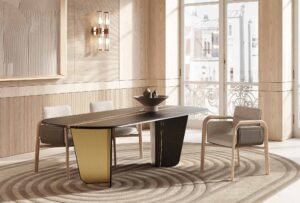 Monroy table haut de gamme en marbre avec pieds en voiles inversées et inserts métalliques contrastés. Élégante, géométrique et raffinée. Disponible chez D-Style Interior.