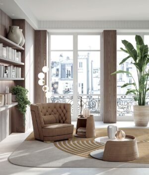 Contarini table basse de Vittoria Frigerio avec structure en cuir ou tissu, plateau en marbre et finitions haut de gamme. Disponible chez D-Style Interior.