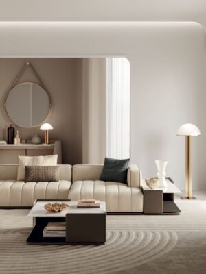 Brivio table basse design haut de gamme avec structure en cuir, plateau en marbre et étagère en verre noir. Disponible chez D-Style Interior.