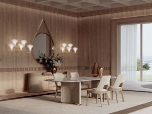 Contarini buffet par Vittoria Frigerio. Un meuble design haut de gamme avec marbre, finitions capitonnées ou embossées. Disponible chez D-Style Interior.