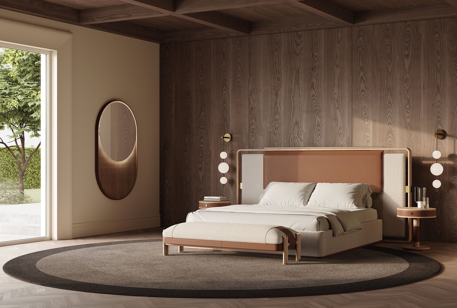 Brera Banc haut de gamme par Vittoria Frigerio, structure en frêne massif, assise en tissu ou cuir, finitions raffinées et options matelassées. Disponible chez D-Style Interior.