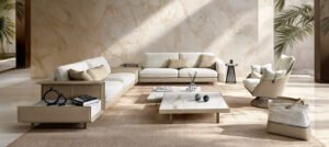 Vincent Canapé design haut de gamme par Gamma Arredamenti avec options bibliothèque ou table d’appoint intégrées. Disponible chez D-Style Interior.
