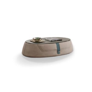 Karl table basse de Gamma Arredamenti se distingue par son détail de boucle en cuir inspiré de la maroquinerie et ses finitions luxueuses. Disponible chez D-Style Interior.
