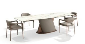 Venus Table à manger design en cuir avec plateau en marbre ou céramique, signée Gamma Arredamenti. Élégante, personnalisable et disponible chez D-Style Interior.