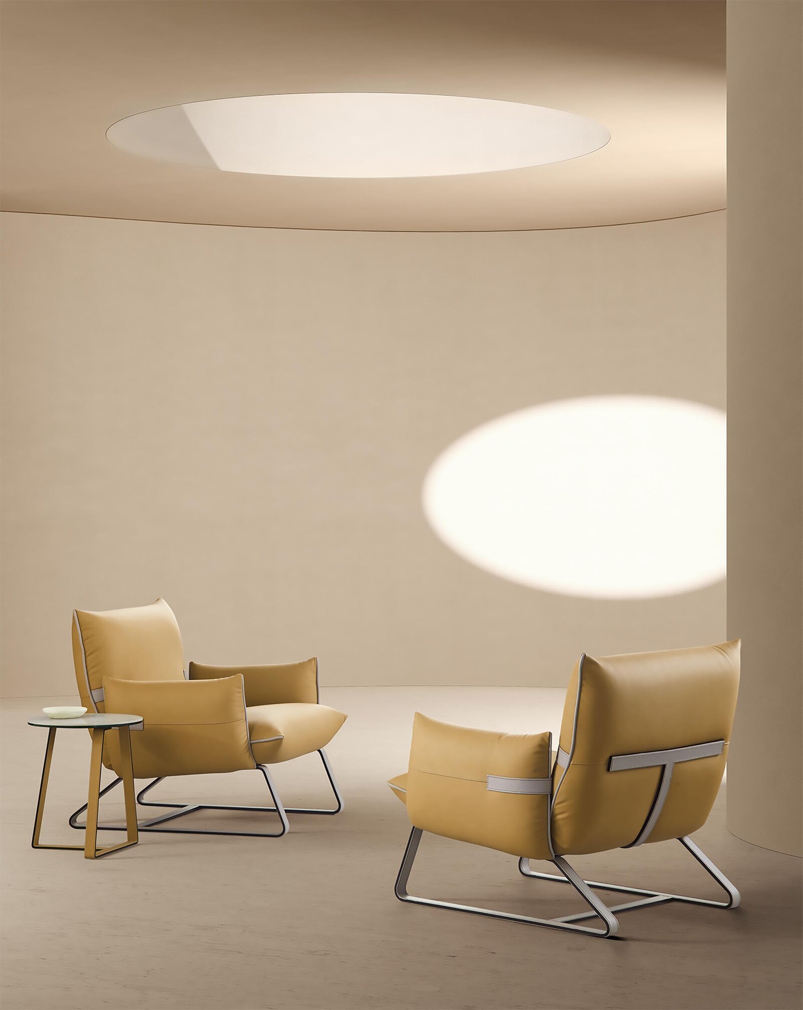 Fifty table basse design de Gamma Arredamenti allie élégance et modernité avec sa base en métal croisé et son détail en cuir. disponible chez D-Style Interior.