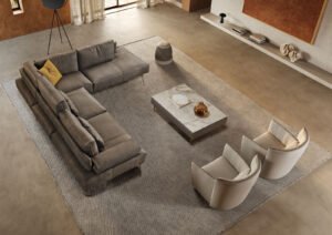 Saks table basse de Gamma Arredamenti associe cuir imprimé, marbre ou céramique dans un design raffiné et personnalisable. Disponible chez D-Style Interior.