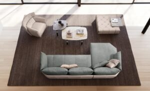 Summer table basse de Gamma Arredamenti. Lignes épurées, pieds en cuir personnalisables et plateau sculpté. Disponible chez D-Style Interior.